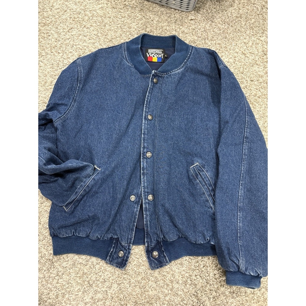 VTG Hartwell ViaSport Denim Bomber Jacket Size L Large Snap Closure USA Jean